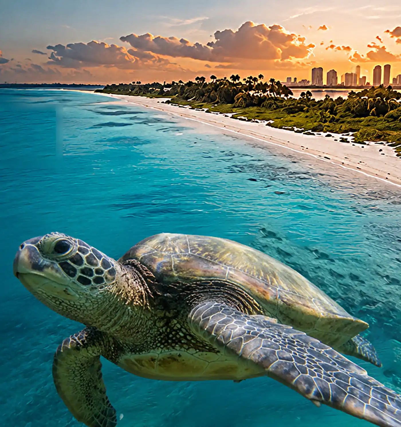 Sea turtle gliding through turquoise Gulf water beside a white-sand Florida beach at sunset
